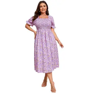 Clearlove Women's Plus Size Square Neck Puff Short Sleeve Self Tie Front A Line Dress - Purple flower,5X