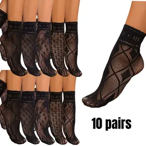 Women's10 Pairs Patterned Lace Anklet Socks, Elegant Lace Design with Ruffled Trim,  Detail for Comfort & Style, Womenswear Everyday, Feminine Stretchy Secure Fit Basic,  Minimalist Party Outfit Elegance