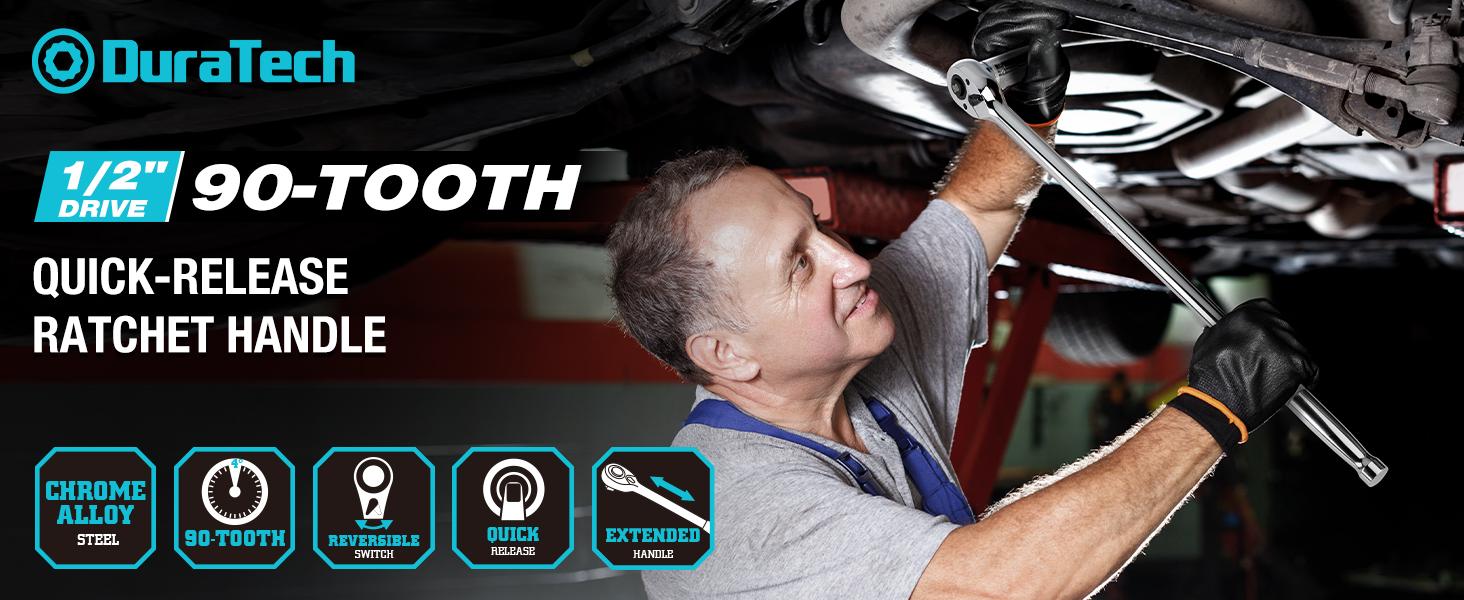 #backtoschool DURATECH Extra Long Handle 1/2-Inch Drive Ratchet, 90-Tooth Quick-release Ratchet Wrench with 20" Extra Long Handle, Teardrop Ratcheting, Reversible, Chrome Alloy Made, CR-MO Head,Full Polished