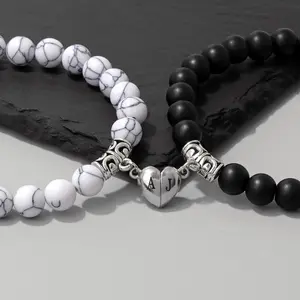 1pc Black White Round Beads Bracelet Lovers Stone ID Magnet  Distance Heart Magnet Couple Bracelets Friendship Fashion Jewelry Gift name bracelet for men Women