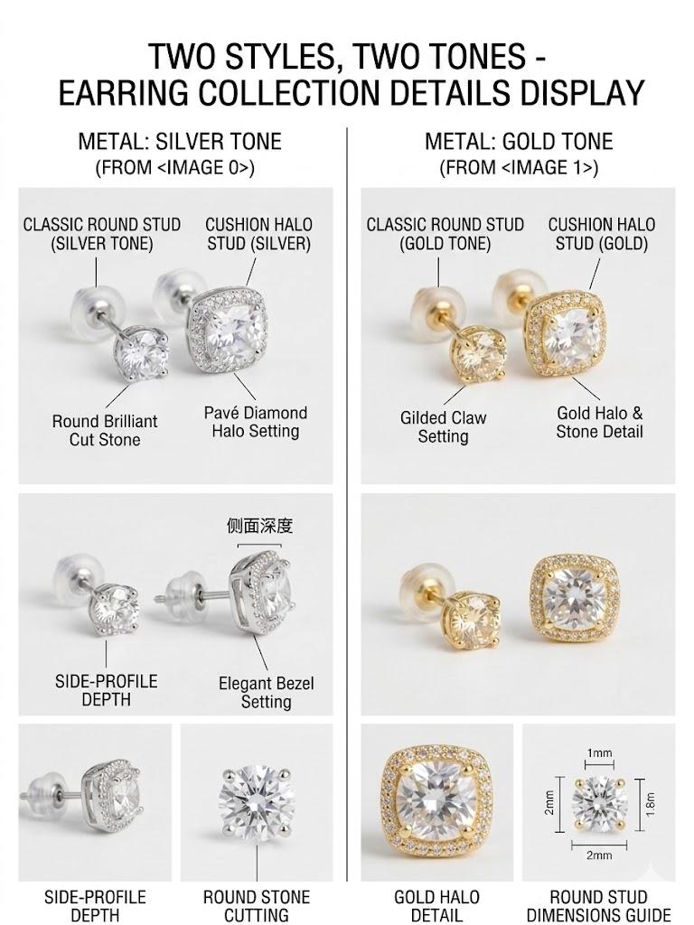 Luxury Halo Earnail 4-piece Set - Gold and Silver Round/Square Style, Low Sensitivity Copper Plated Metal Coating, Comfortable Daily Wear Fashion Accessories, Including Jewelry Box, Women's Birthday Gift