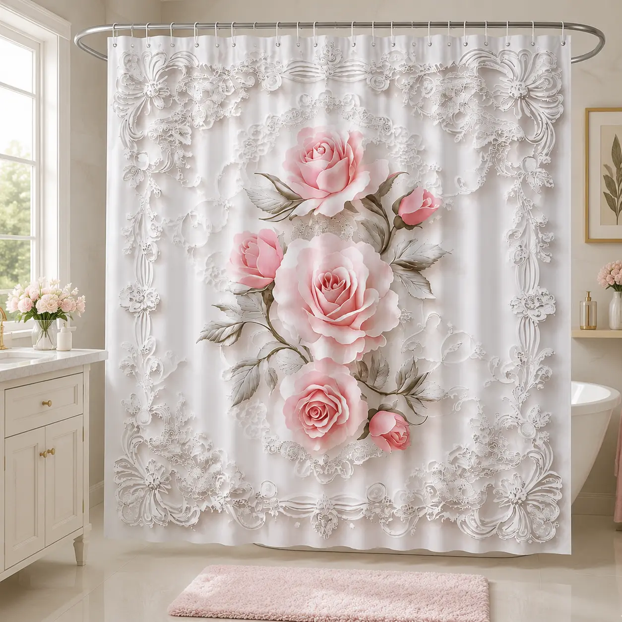 Pink Rose Flowery Print Embossed Shower Curtain, Charming Home Bathroom Decor Supply