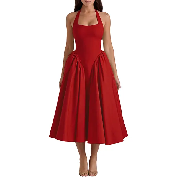 OQQ Cocktail Wedding Dresses for Women 2026 Halter Midi Dress Formal Party Midi Dress