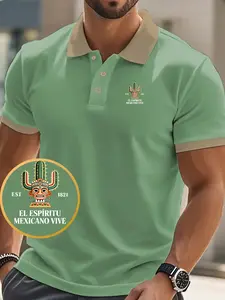 Fashion Tropical Mexican Totem Cactus Crown Mask Polo Golf Shirt, Casual Geometric Print, Slim Fit, Short Sleeve, Business Leisure Top for Men