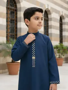 Muslim Traditional Boy Blue Thobe, Embroidered Stand Collar Button Pocket, Suitable for 8-12 Year Old Boys, Comfortable Fashion