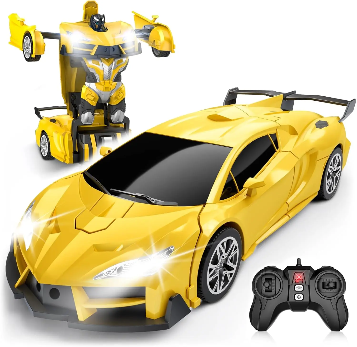 A transforming remote-controlled car suitable for boys and children aged 3–5 or 6–8; features one-touch transformation, 2.4GHz frequency, 360-degree rotation, and a 1:16 scale; equipped with flashing headlights—an ideal birthday gift for kids.