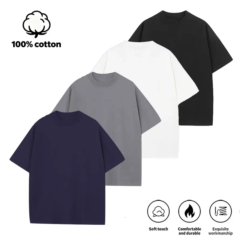 Solid 4-Pack  230GSM Heavyweight 100% Cotton T-ShirtsCrew Unisex Casual Tops for Daily Wear & StreetwearNeck Basic Tees, Soft Durable Moisture-Wicking Man Menswear