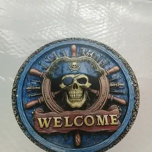 Vintage Aluminum Welcome Plaque Wall Decor 8x8 Inch Round Sign with Pirate Skull Crossbones and Swords for Home Bar Man Cave
