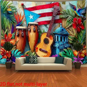 1PC,2D Flat Puerto Rico Themed Festival Decoration Backdrop, Tropical Style with Musical Instruments & Architecture Pattern Tapestry, Party Event Shooting & Decoration Background Curtain, Wall Hangin