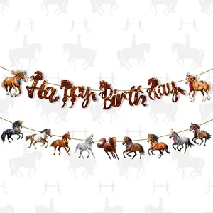 1 Set Happy Birthday Horse Banner – Glitter Lettering & Running Horse Cutouts, Pre-Cut Cardstock Bunting for Kids’ Horse-Themed Party, Backyard BBQ & Camping Decor, Party Decorations Banners, Birthday Party Supplies, Reusable