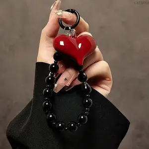 Handmade Red Large Heart Black Beaded Phone Strap - Multi-use Lanyard Accessories, Practical for Phones & Keys, Ideal Gift for Birthday, Christmas