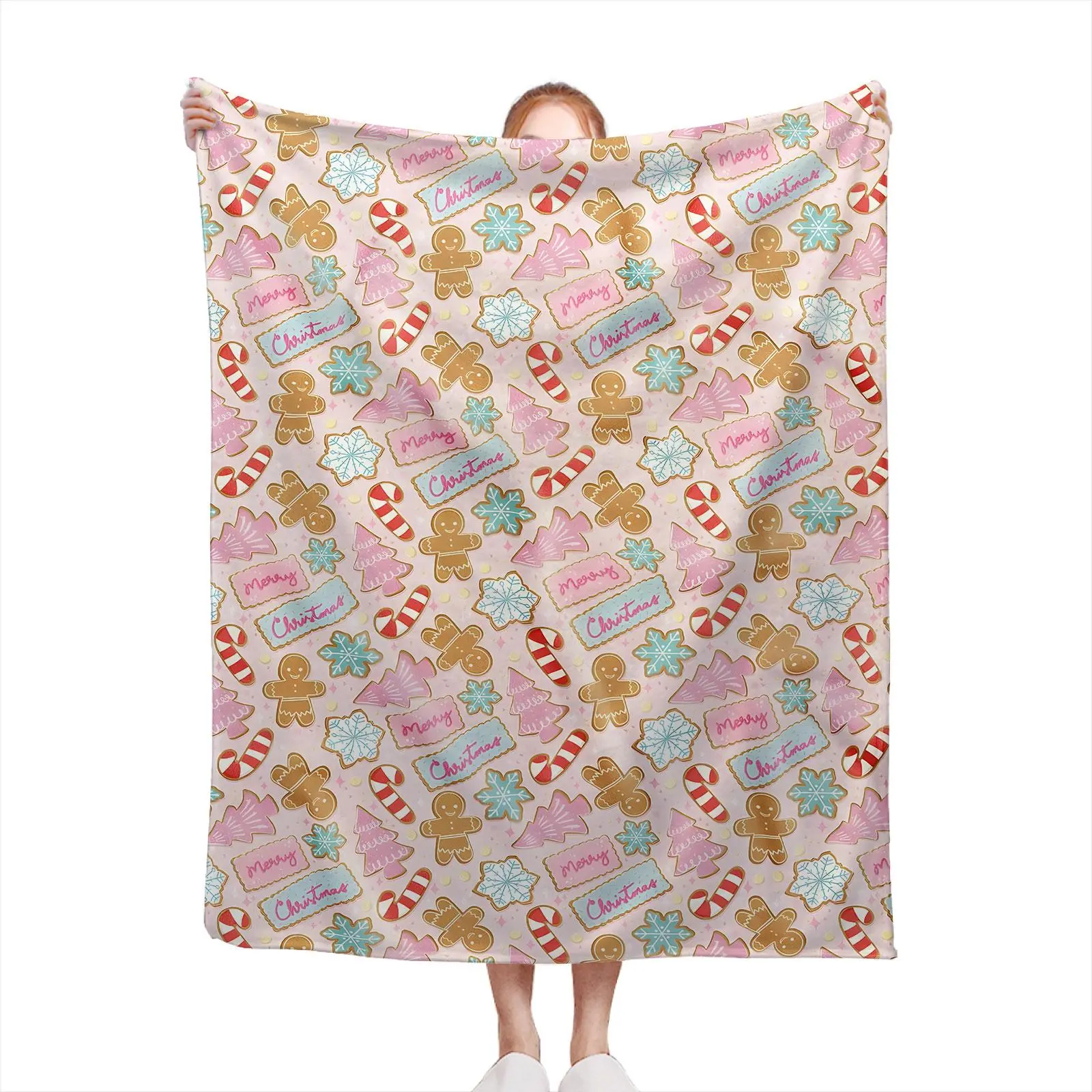 Pink Christmas Gingerbread & Candy Flannel Throw Blanket Perfect For Design Enthusiasts & Homeowners Couch Lounging Office Rest