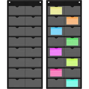 2 Pack 3'' x 5'' Index Card Holder Sleeve 16 Slot Plastic Hanging Wall Mount Organizer Clear PVC Pocket for Business Notes for Classroom Office Library Home (Black)