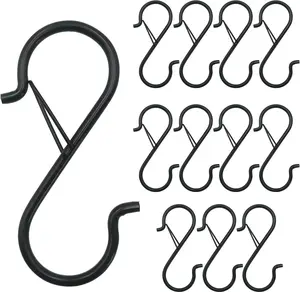 12PCS S Hooks for Hanging,3.5 Inch Heavy Duty Closet Hooks with Safety Buckle,Closet Hooks Hanging for Plants,Clothes,Kitchen Utensil,String Lights,Handbags,Belt, Hat, Cup, Tie (Black) Ticway