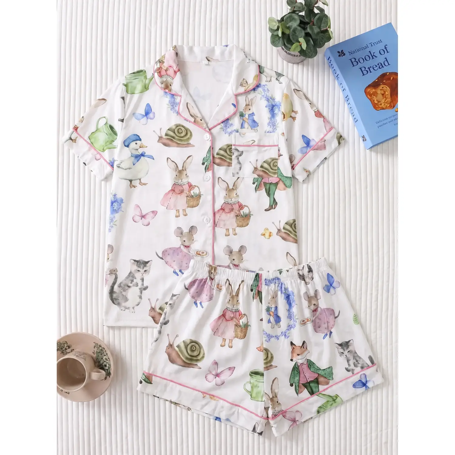 2-Piece Rustic Bunny Print Women's Pajama Set, Collared Button-Up Short Sleeve Top and Relaxed Fit Shorts, Cozy Loungewear