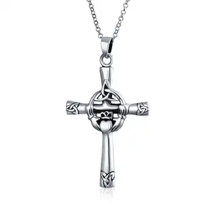 Celtic Claddagh Cross Pendant Necklace Trinity Infinity Knot Claddagh Oxidized .925 Sterling Silver