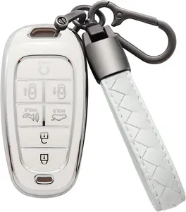 for Hyundai Key Fob Cover with Leather Keychain Soft TPU Full Protection Key Case  Holder Compatible with 2024 2023 2022 2021 Sonata Santa fe Tucson Nexo Palisade 7 Button, B-White