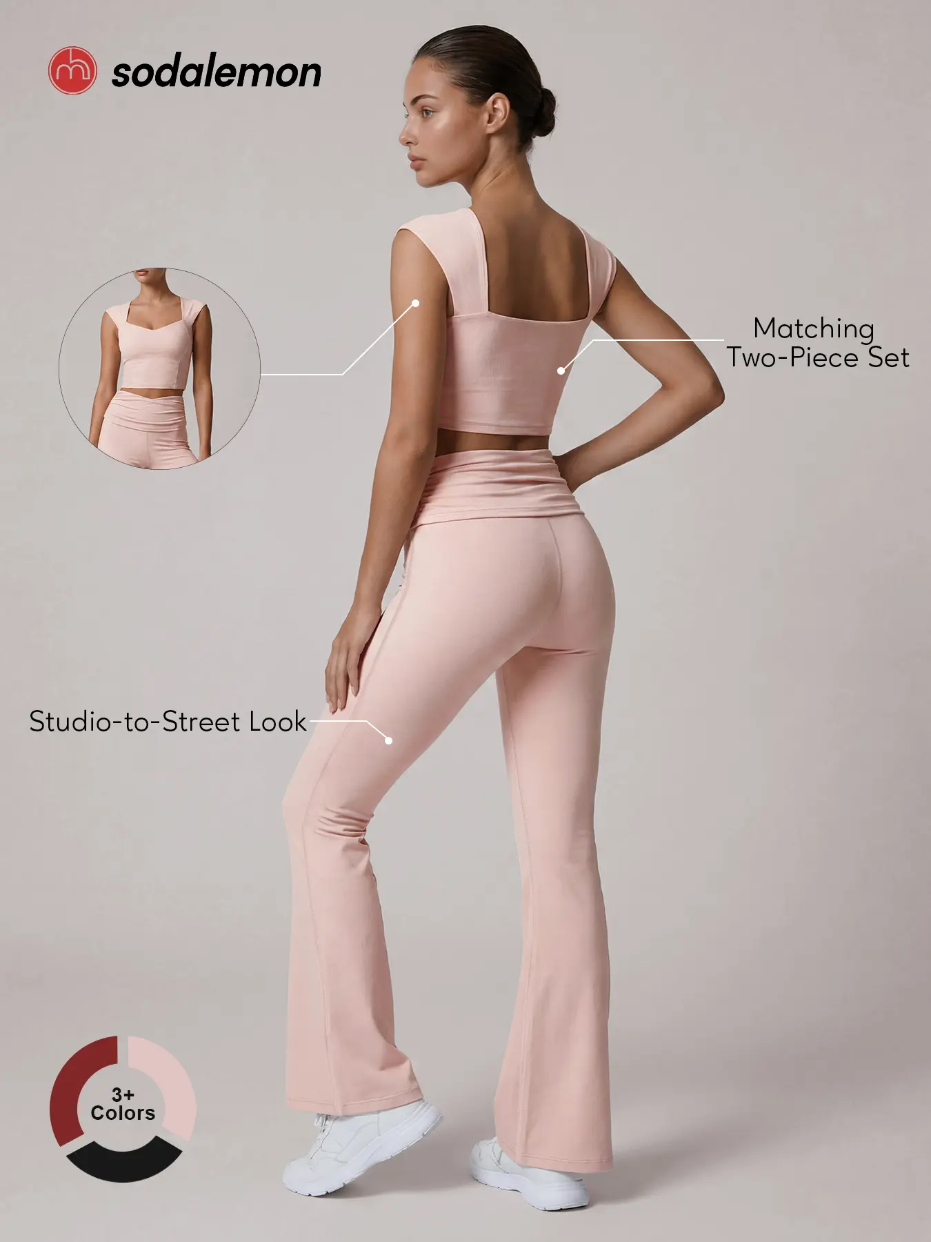 Sodalemon Women's 2-Piece Yoga Activewear Set - Structured Shoulder Crop Top with Sweetheart Neckline, High-Waisted Ruching Flared Pants for Outdoor Pilates Workout Tracksuit