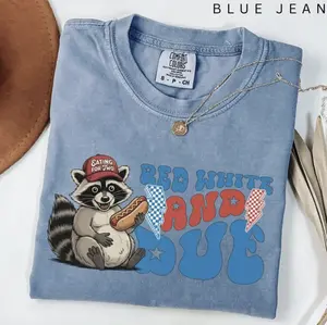 Red White And Due Comfort Colors Shirt, Patriotic 4th Of July Shirt, Funny Pregnant Raccoon Graphic Top, Hotdog USA Maternity Gifts, Cute Raccoon Tee Shirts