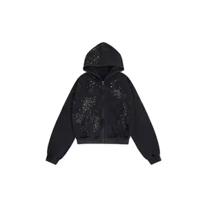 Retro Rhinestone Casual Long-Sleeve Zip-Up Hooded Sweatshirt, Unisex Distressed Washed Loose-Fitting Cardigan for Men & Women, Ideal for Spring & Autumn Menswear Top, Longsleeves