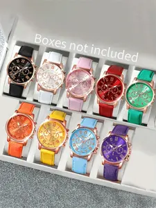 Stylish 9-piece watch set, unisex quartz movement, zinc alloy round case, synthetic leather bracelet, none, mixed colors, Casual Wristwatch Set