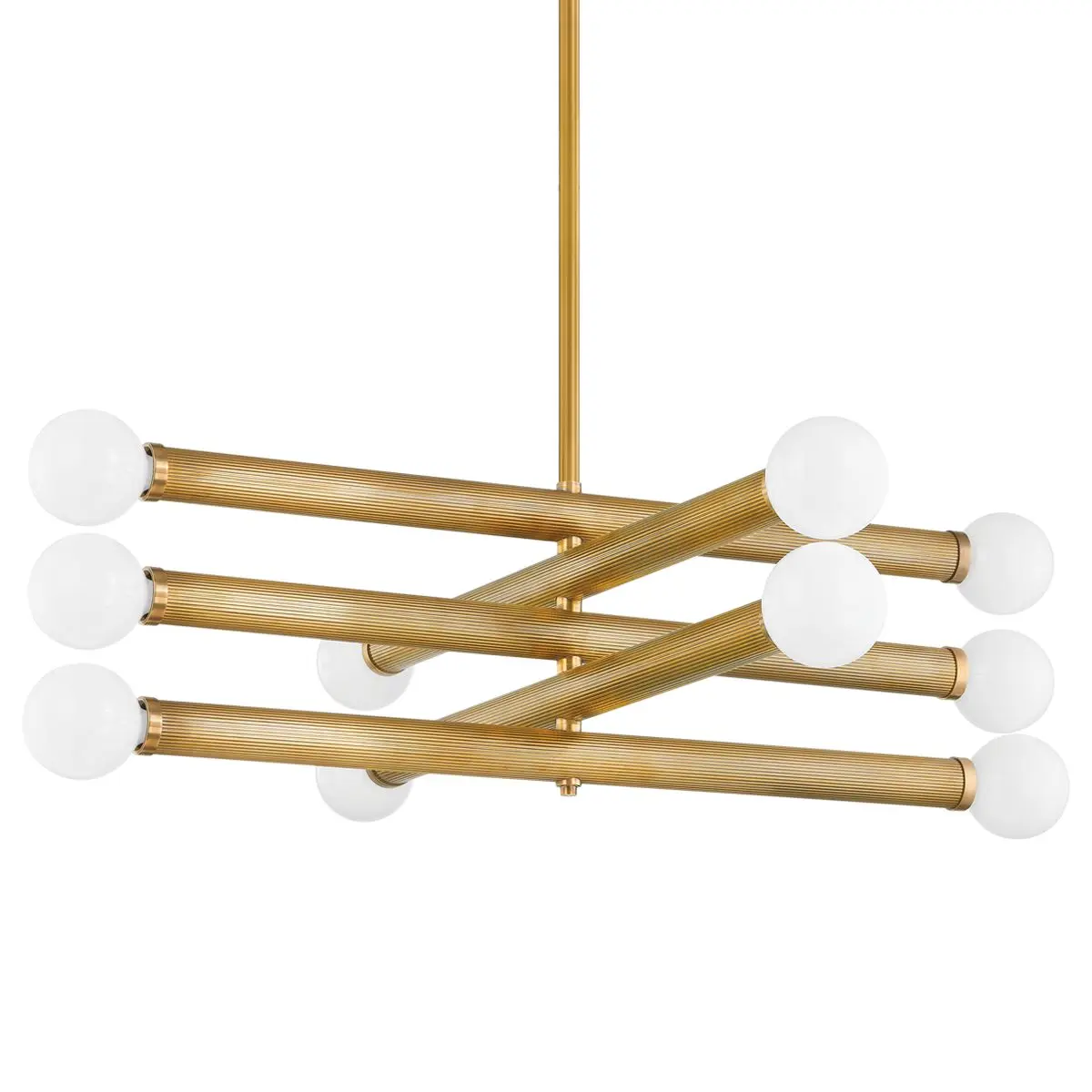 Pienza Chandelier - Vintage Brass Tubes with Glass Orbs, Industrial Design Meets Old Hollywood Glamour