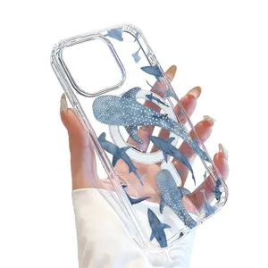 Aesthetic Ocean Shark Whale Magnetic Phone Case Fit for iPhone 11 12 13 14 15 16 17 Pro Max Plus Air, Anti-Fingerprint Clear Shock Absorbing Case as Holiday Birthday Gift for Sea Life Fans