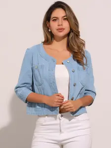 INSPIRE CHIC Women's Summer Denim Jacket 3/4 Sleeve Collarless Button Up Cropped Jean Jackets