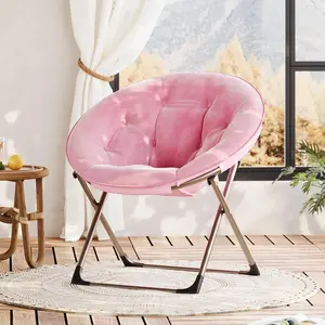 Folding Comfy Padded Saucer Chair, Folding Circle Chair with Metal Frame, Soft Moon Chair for Bedroom, Dorm Rooms, Apartments, Lounging, Garden & Courtyard