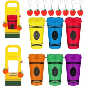 Maxdot 6 Set Teacher Appreciation Gifts Bulk 16 oz Teacher Plastic Cups Crayon Tumblers with Apple Keychain Yellow Ribbon Cup Holders with Handle for Teacher's Day Graduation Back to School Classroom