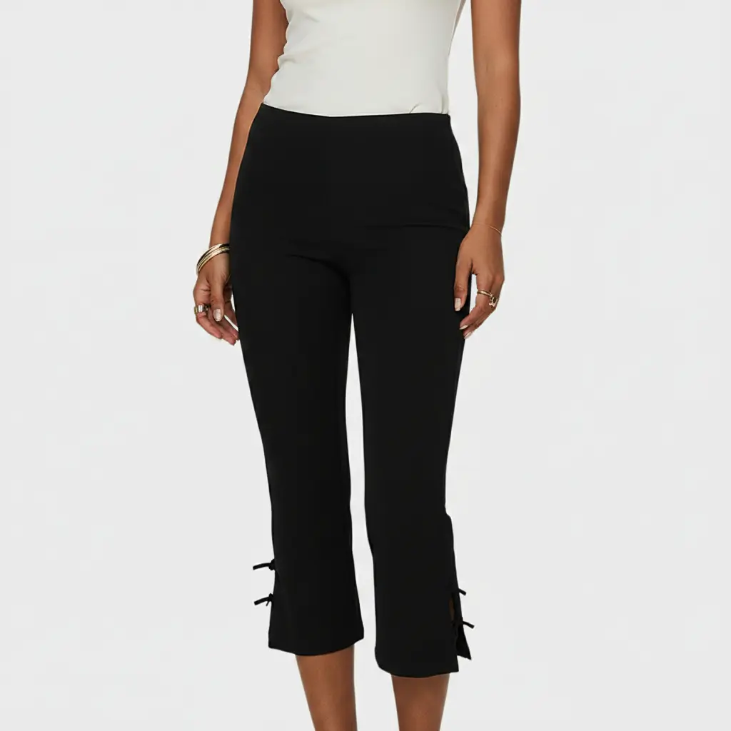 Cute Black Cropped Capri Pants for Women - High WaistFit Pants with Bow Tie Split Hem, Y2K Coquette Style Trousers for Streetwear & Daily Outfits