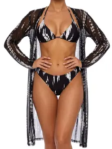 Sunkiss 3 Piece Tie Dye Triangle Bikini Set with Long Sleeve Mesh Cover Up, Halter High Cut Swimsuit for Women Festival Beach Party & Sunset Vacation