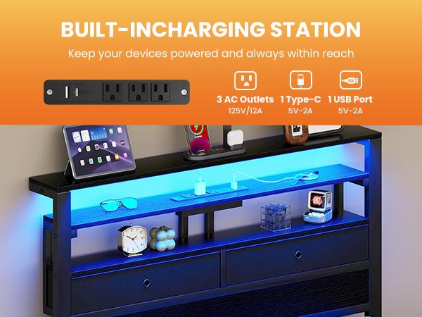 Bed Frames with Charging Station and LED Lights, Wood Headboard with 2 Fabric Drawers and Storage Shelves, Twin Size Platform Bed with Metal Slats, No Box Spring Needed