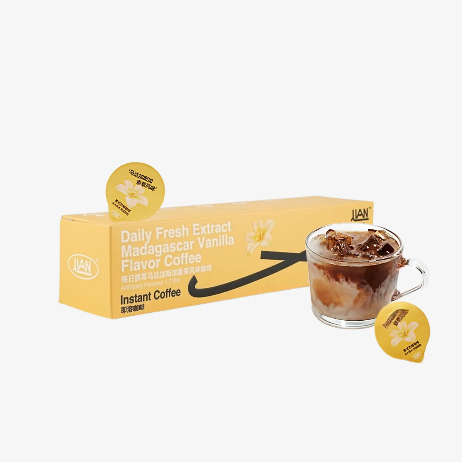 Lian Coffee, Vanilla-Flavored Instant Coffee, 0 Sugar & 0 Fat, 1 box - 7 cups, 0.49 oz (14 g), Robusta Coffee Capsule, 100% Imported Coffee Bean Beverage