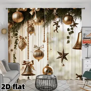 2D Flat 2Pcs Elegant Golden Christmas Ornaments Curtain Panel, Festive Holiday Bells Stars Balls Print, Rod Pocket Design, Semi Sunshade Polyester Fabric, Perfect for Living Room Bedroom Window Decor, Decoration, Anti Privacy