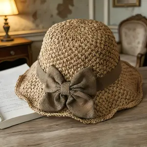 Vintage Woven Handmade Straw Hat with Ruffle Bow, Elegant French Style Sun Hat, Foldable & Breathable Beach Hat for Travel & Outdoor