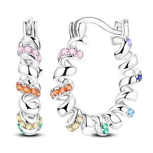 MULA S925 Silver-plated Twisted Spiral Hoop Earrings with Multi-Colored CZ Gemstones, Geometric Statement Jewelry for Women, Colorful Gift for Birthdays, Christmas and Holidays