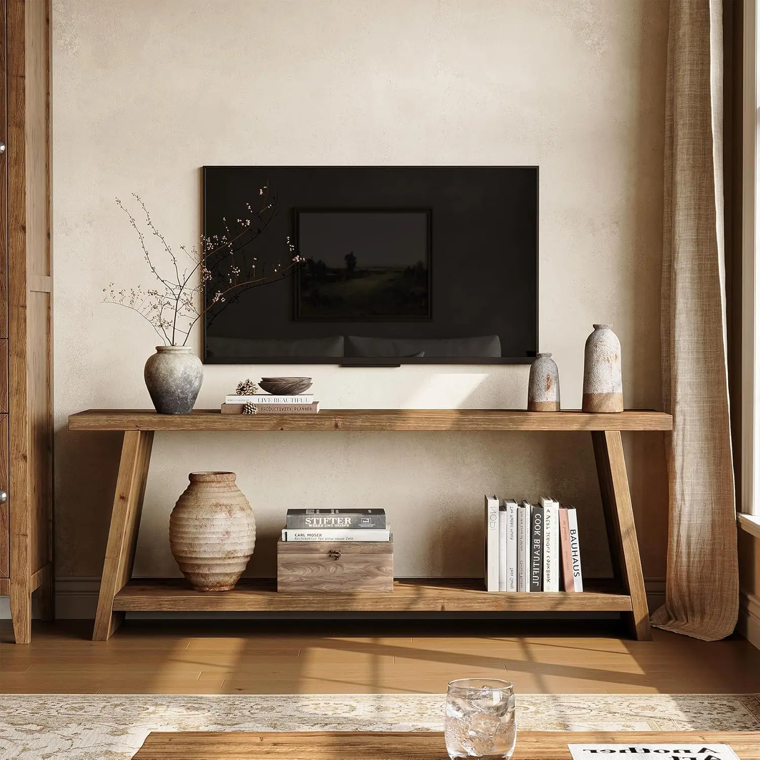 TRIBEWOOD Solid Wood TV Stand, 2-Tier Farmhouse Media Console for 55/60/65 inch TV, Mid-Century Modern TV Stand for Living Room, Entertainment Center with Storage (Brown, 63-Inch)
