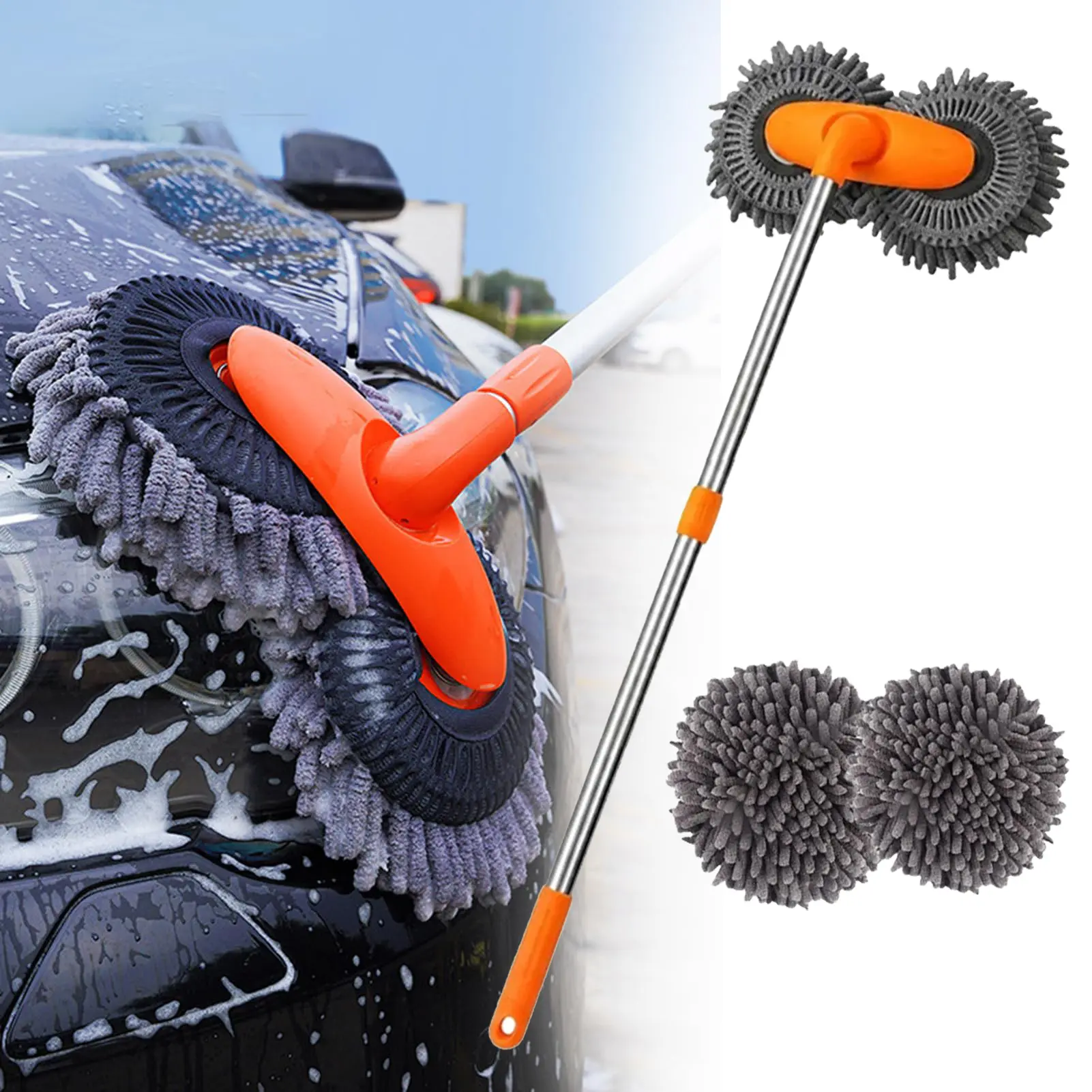 Long Handle Car Wash Mop 360° Rotating Brush Head Car Wash Kits, Durable Retractable Aluminum Alloy Rod  Soft Avoid Scratching Car Wash Accessories Suitable for Car, RV, Truck, SUV and Home Cleaning