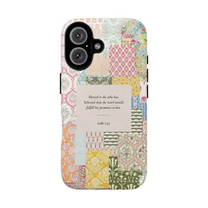 Patchwork Floral Tough Phone Case with Bible Verse, Inspirational Protective Phone Cover, gift for him for her
