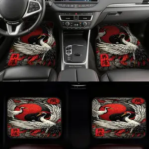 4pcs Auto Mats presenting Crimson Crane Harmony Pattern, compatible with Pickup Trucks or Sedans, providing Cleaning-Friendly surfaces and Car Owner Gift opportunities, while also fitting Daily Driving and Fun Car Accessory.