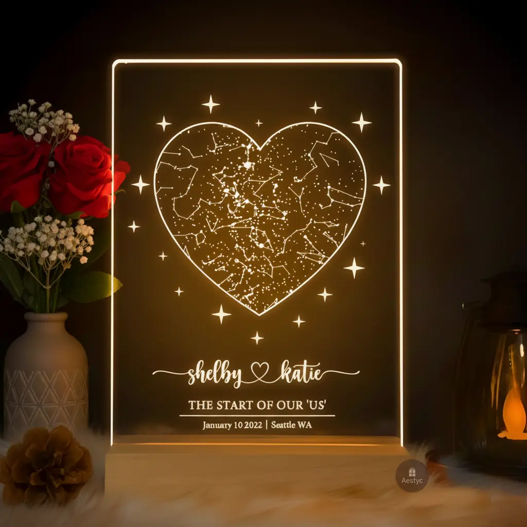 Custom Heart Star Map Night Light Personalized Constellation Sky Plaque with Night Lamp Customized Starry Night with Names Date & Location Perfect Anniversary Gift for Girlfriend Valentine's Day Christmas Gift Ideas for BF Couple Home Decorations