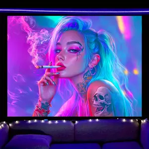 1pc UV Blacklight Reactive Glow Tapestry Wall Hanging - Neon Cyberpunk Gothic Woman Art with Tattoo & Pink Hair, Multifunctional Wall Decor for Bedroom, Game Room, Party & Bar - UV Activated Glow Under Blacklight
