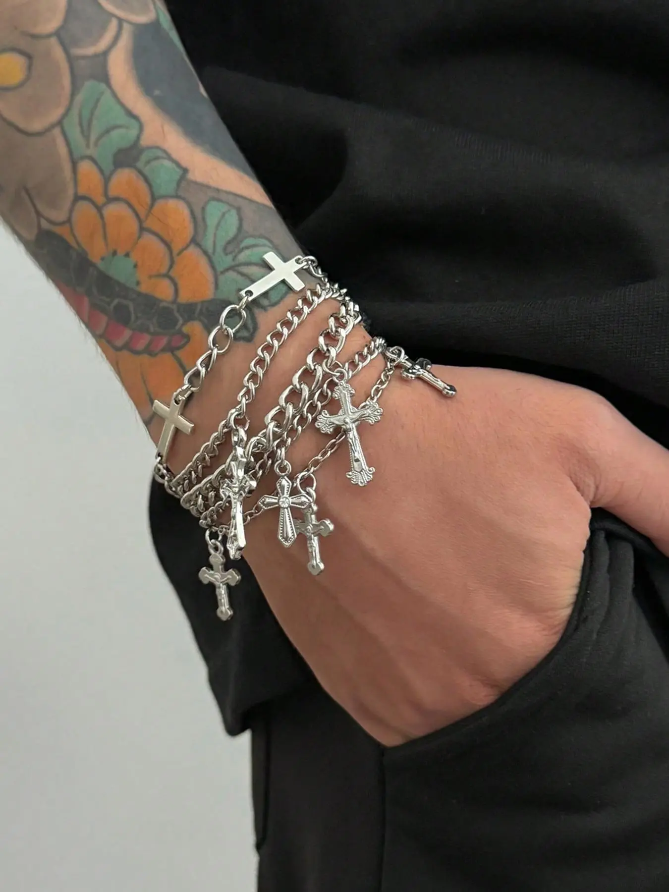5PCS Silver Cross Bracelet Set for Men & Women - Personalized Layered Cuban Beaded Chain, Y2K Gothic Punk Hip Hop Grunge Streetwear Aesthetic Jewelry, Perfect Daily Party Holiday Gift