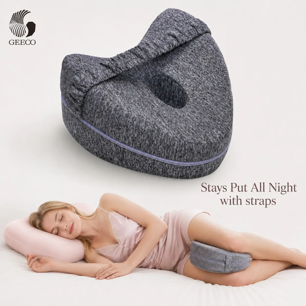 GEECO Knee Pillow for Side Sleepers, Memory Foam Leg Positioner Cushion with Adjustable Strap & Washable Cover for Hip & Knee Alignment, Gray, summerwins