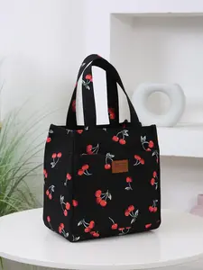 Large Capacity Insulated Cherry Pattern Durable Lunch Bag, Portable Lunch Box Storage Bag for Work, School and Travel