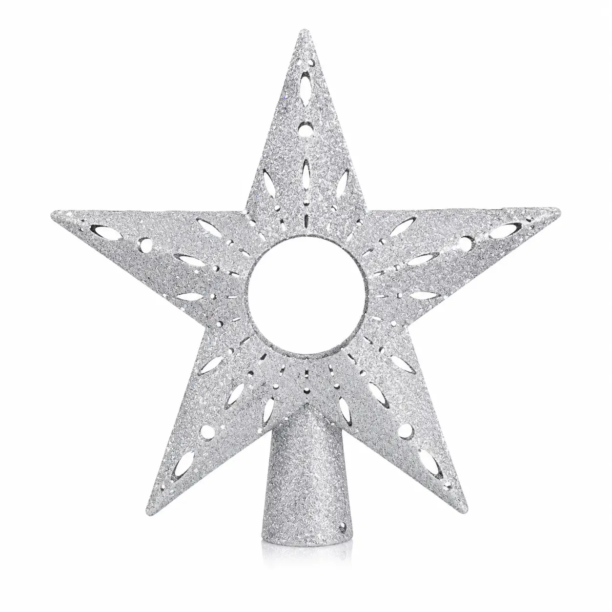 12" Silver Glitter Star Christmas Tree Topper, Sparkling Openwork Design, Elegant Holiday Tree Decoration