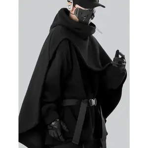 New Men's Trendy Functional Style High Collar Cloak Hoodie with Hooded Two-piece Set Cape Jacket (Single Top without Belt Accessories) Long Sleeve Black fall outfits streetwear hoodies men