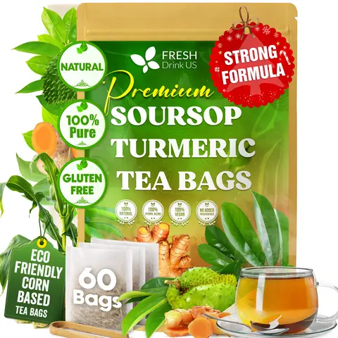 Premium Soursop Turmeric Tea Bags, 100% Natural, Blend of Soursop Leaves, and Turmeric Root. Made with Natural Material Tea Bags. No Sugar, Vegan.
