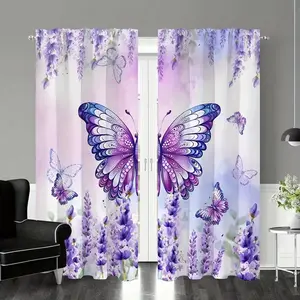 2 dreamy purple lavender butterfly printed translucent curtains with pole pockets designed for living room, bedroom, or office decoration. Made of semi transparent polyester fabric with bright flower and butterfly patterns, the living room curtains